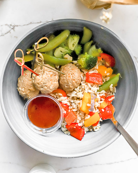 Meals - General Tsao Style Pork Balls Over Mixed Veggies & Rice Noodles